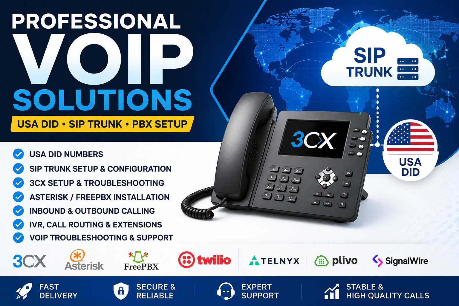 I will set up VoIP, SIP trunk, 3CX, FreePBX and cloud phone systems