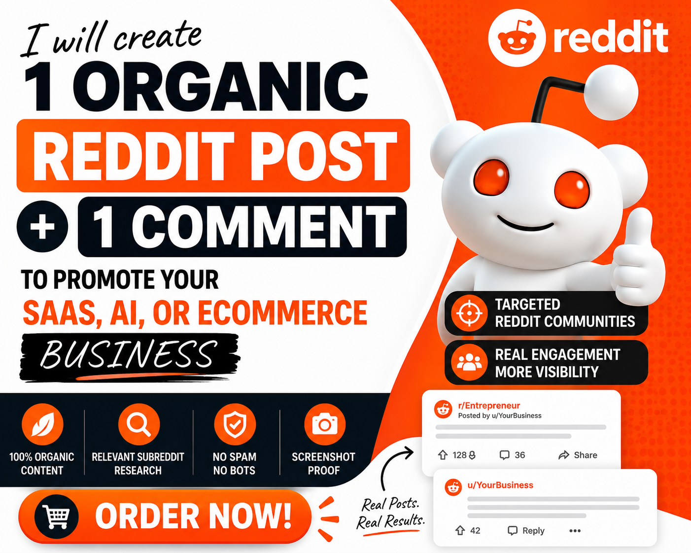 I will create 1 Reddit post and 1 comment to promote your SaaS, AI, or eCommerce business