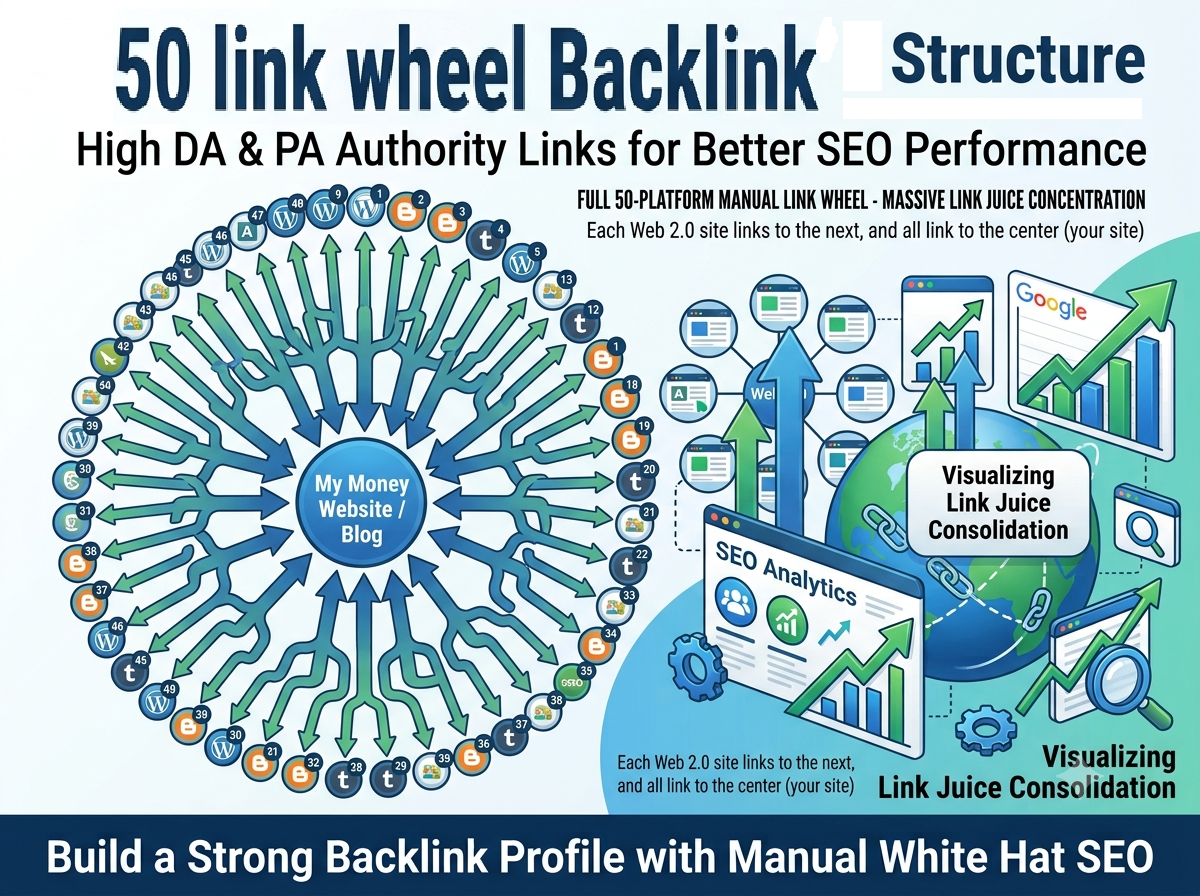 Niche 50 Manually Web 2.0 linkwheel Backlink in High DA & PA for Google Top Ranking