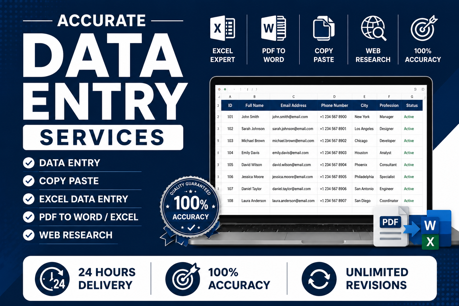 I will do accurate data entry, Excel data entry, co...