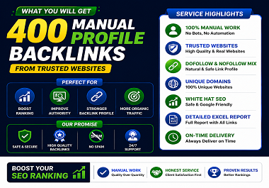 I will create 400 manual profile backlinks from trusted websites