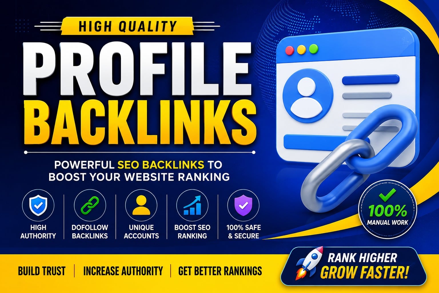  I will build 100 trusted profile authority backlinks DA 50 to 90 plus for SEO