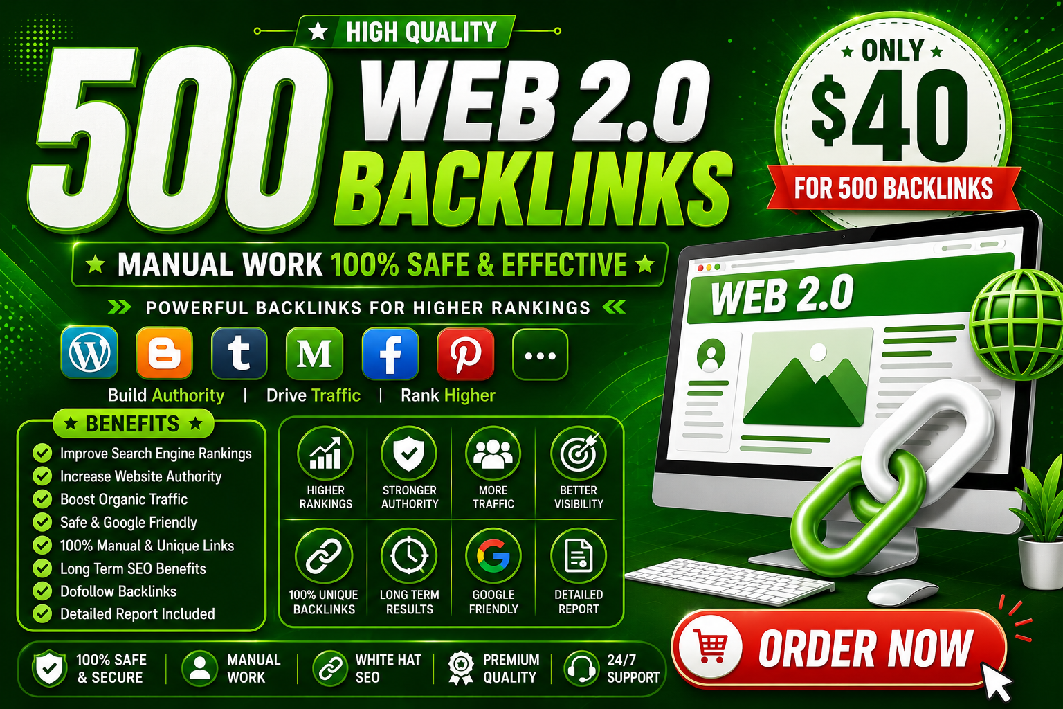 I will build 500 high quality Web 2.0 backlinks manually for SEO