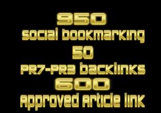 do 950 Social Bookmarking 50 PR7 to PR3 Profile backlinks 600 Approved article submission all round social marketing
