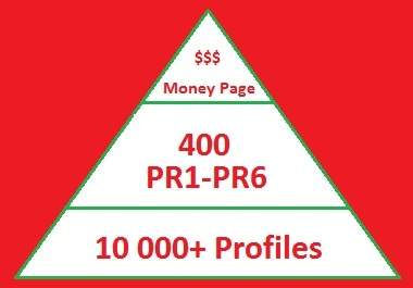 will create powerful High PR Backlink Pyramid to promote your website high in search engines. Get 400+ PR1-PR6 or even greater PR forum profile Backlinks Pointing directly to your website and 10 500 +