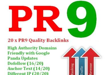 create you 20 ► PR9 backlinks from 20 different PR 9 High Authority sites [DoFollow, Anchor Text, Panda Penguin Frindly] + pinging