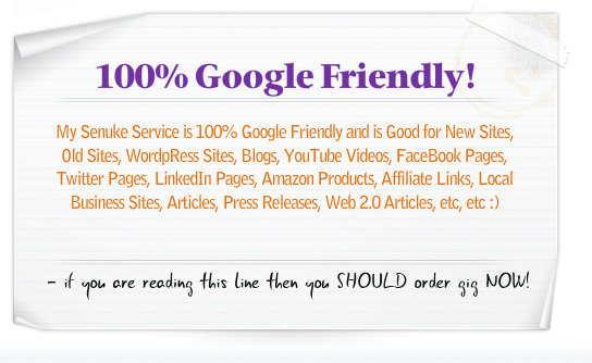 use Senuke xCR to create Google Friendly Backlinks in 72 Hours - 100% Google Friendly and Safe! 