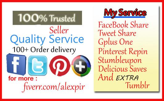 give You REAL 10 Facebook Share,15 Tweet,15 Pinterest Share,15 Google votes, 20 Stumble Likes and 20 Delicious Saves And Extra 10 Tumblr/diigo