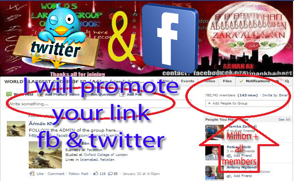 promote your WEBSITE or any link to my active 1million+ Facebook group members in 4 groups and 700+ twitter fans and 152+fans in usa group