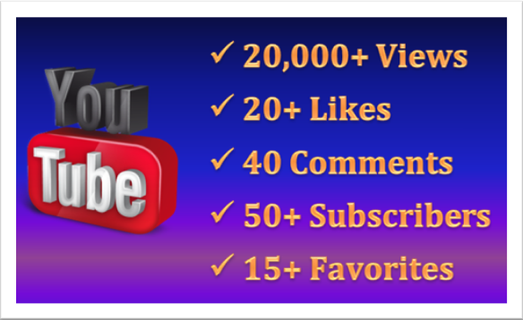 Capture over 20,000+ YouTube views, 40 Custom Comments, 25+ likes, 50+ subscribers, 15+ favorites