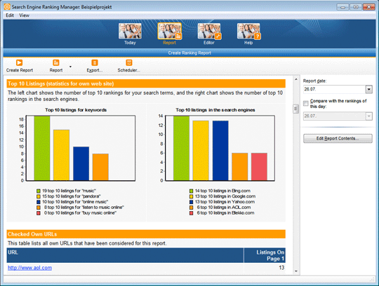 send you a search engine ranking report and you can use 10 keywords and your competitors domains or urls