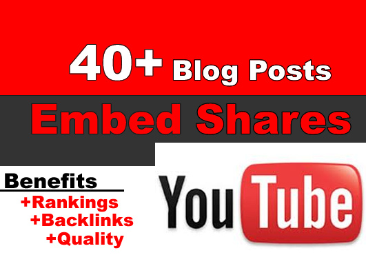 share and embed your YouTube video in over 40 blog posts with relevant content using my own websites network, contextual video backlinks....!!!!