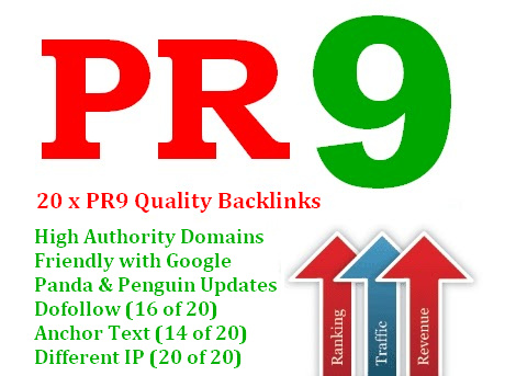 create you 20 PR9 backlinks from 20 different PR 9 high authority sites [ dofollow, Panda and Penguin compatible ] + pinging..@