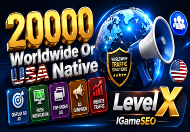20000 Worldwide Or USA Native Ad Display Ad Push Notification Pop-under Ad Campaign Website Traffic