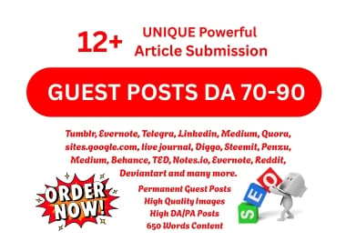 Get 12 Unique Manual Article Submission Backlinks on DA90+ Authority Platforms
