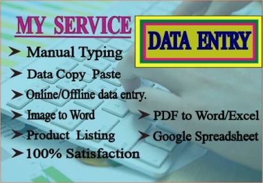 I will do data entry,  Manual typing,  Copy Paste,  Image to word excel and pdf to word excel Etc.