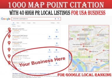 I will do 1000 google map point citations with 40 local listings for USA local business ranking
