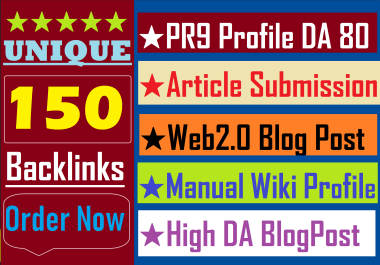 Improve Ranking with 150 Manual SEO Backlinks from PR9 Profile,  Web2 Post,  Wiki,  Article Submission