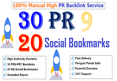Manually do 30 PR9 + 20 Bookmarks UNIQUE Domains safe SEO Backlinks
