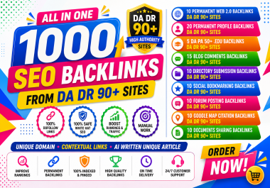 All In One SEO 1000 Backlinks From DA DR 90 Sites - Rank on Google SERP Without Risk