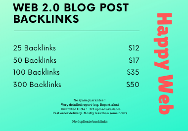 Buy 25 High Quality Web 2.0 Blog Post Backlinks