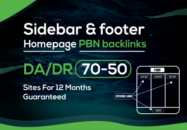 Build 20 Sidebar & footer Homepage PBN backlinks DA/DR 70-50 Sites For 12 Months Guaranteed