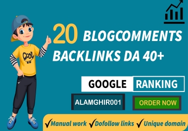 i will do 20 dofollow Unique domain blogcomment high backlinks DA 40+