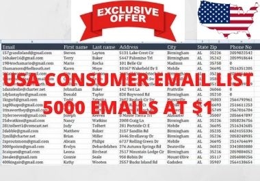 I will provide USA 5000 consumer emails List