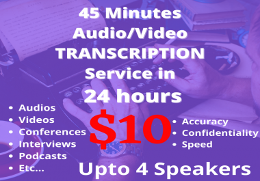 Transcribe 45 minutes transcription of audio video podcast