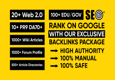 Exclusive-2630+ Backlinks Package,  20+ Web2.0,  10+ DA70+ PR9,  1000+ Wiki,  1000+ Forum and more