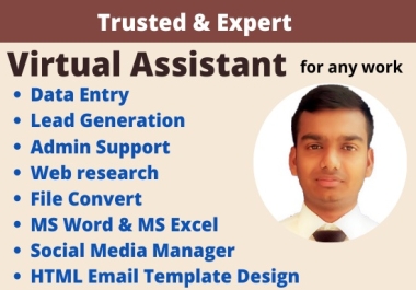 I will be your virtual assistant for data entry,  web research and administrative work