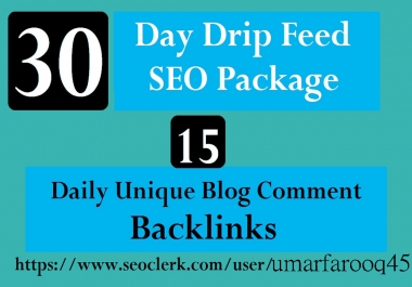 I Will provide Do 30 Days Drip Feed SEO Package 15 Daily Unique Blog Comment Backlinks