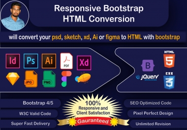 I will create website or convert your PSD,  sketch,  xd,  ai or figma to HTML with bootstrap
