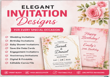 I will design elegant wedding,  birthday,  baby shower,  and event invitations