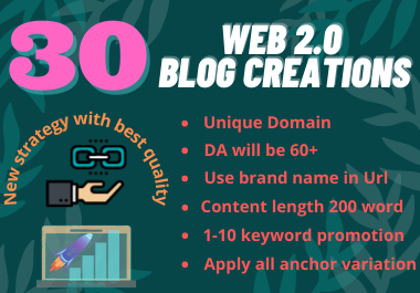 30 High Quality Web 2.0 Backlinks with Unique Domain