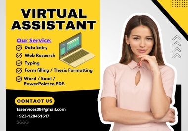 I will do professional Virtual Assistant,  Web Research,  Typing,  Data Entry