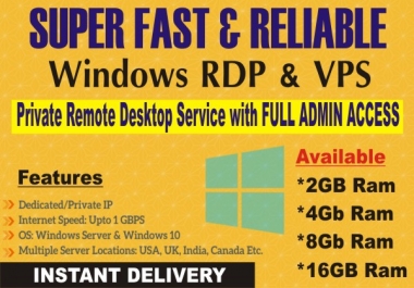 Provide Windows Vps & Rdp 4GB Ram For 30 Days