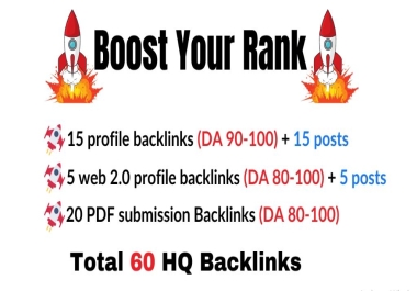 60 HQ backlinks,  Profile backlinks,  web 2.0,  PDF submission with posts. All DA 80+