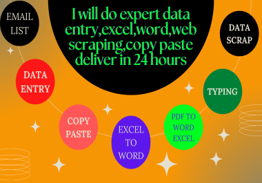 I will do expert data entry,  excel word,  web scraping and all data list.