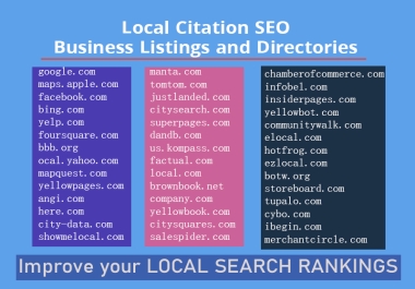 I will do Local SEO Citations,  Top Local Listings,  Business Directories submission