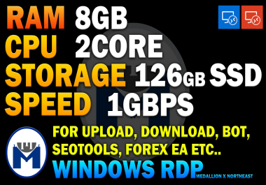Lightning 1GBPS VPS windows RDP 8GB ram 2 core 126Gb SSD for seotools,  forex EA,  game servers,  CHR