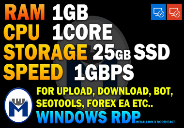 Fastest 1GBPS VPS windows RDP 1GBram 1core 25Gb SSD for seotools, bot, forex EA, game servers, CHR, SSH