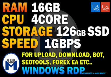 Large Zeus 1GBPS VPS windows RDP 16GB ram 4 core 126Gb SSD for bot,  forex EA,  game servers,  CHR