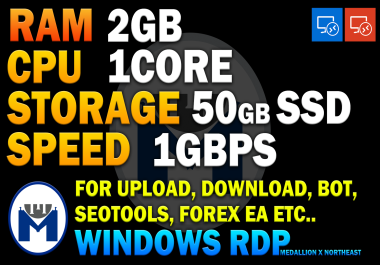 Low latency 1GBPS VPS windows RDP 2GB ram 1 core 50Gb SSD for bot,  forex EA,  game servers,  CHR