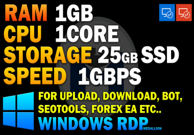 Fastest 1GBPS VPS windows RDP 1GBram 1core 25Gb SSD for seotools, bot, forex EA, game servers, CHR, SSH