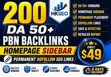 200 DA 50+ Homepage Sidebar PBN Backlinks Permanent Dofollow SEO Links