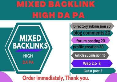 100 Mixed backlinks from high DA PA websites Will be provided.
