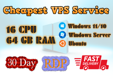 Give VPS Windows/Ubuntu 16 CPU 64 GB RAM 30 Day