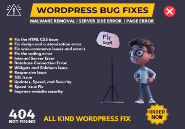 You will get any kind WordPress bug fixes,  Virus, Malware Removal hacked website