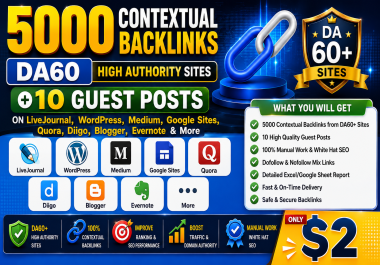 5000 Contextual Backlinks DA60 + 10 Guest Posts on LiveJournal,  WordPress,  Medium,  Google Sites more